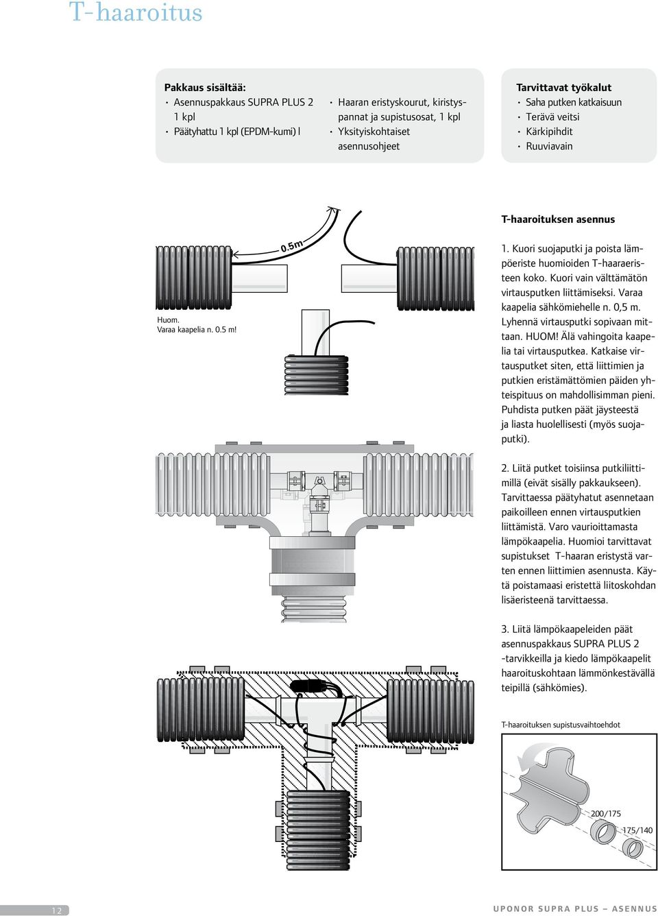 Kuori vain välttämätön virtausputken liittämiseksi. Varaa kaapelia sähkömiehelle n. 0, m. Lyhennä virtausputki sopivaan mittaan. HUOM! Älä vahingoita kaapelia tai virtausputkea.