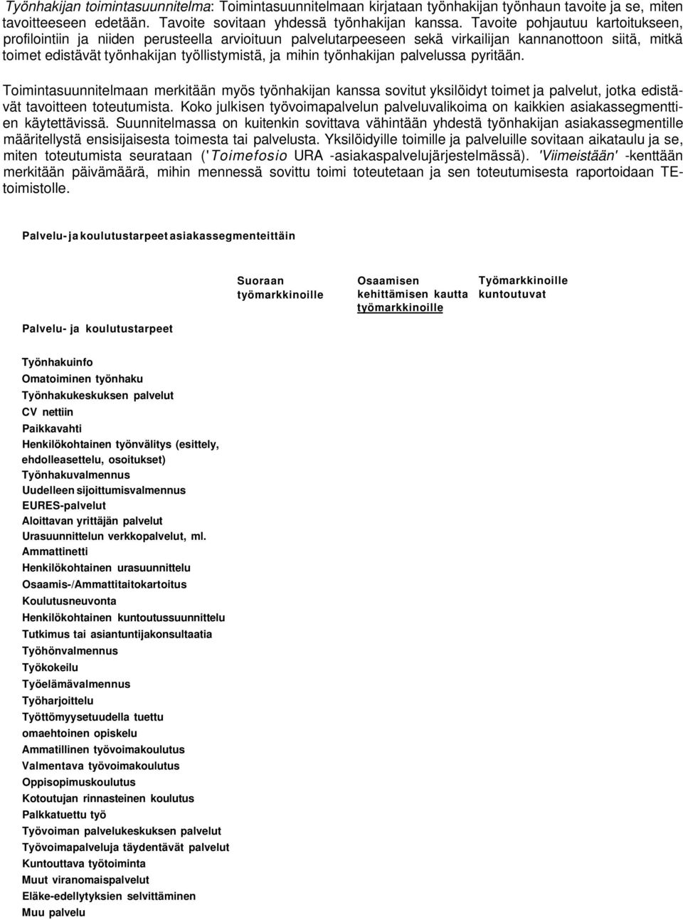 työnhakijan palvelussa pyritään. Toimintasuunnitelmaan merkitään myös työnhakijan kanssa sovitut yksilöidyt toimet ja palvelut, jotka edistävät tavoitteen toteutumista.