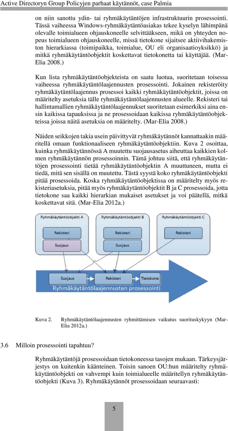 aktiivihakemiston hierarkiassa (toimipaikka, toimialue, OU eli organisaatioyksikkö) ja mitkä ryhmäkäytäntöobjektit koskettavat tietokonetta tai käyttäjää. (Mar- Elia 2008.