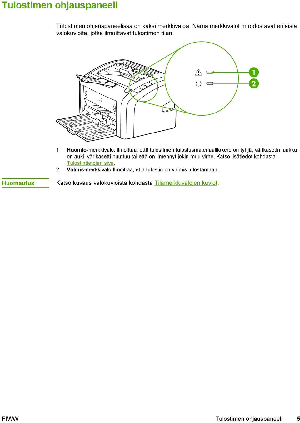 1 Huomio-merkkivalo: ilmoittaa, että tulostimen tulostusmateriaalilokero on tyhjä, värikasetin luukku on auki, värikasetti puuttuu tai