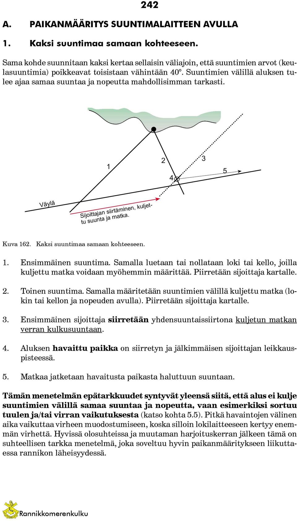 Suuntimien välillä aluksen tulee ajaa samaa suuntaa ja nopeutta mahdollisimman tarkasti. 1 2 3 4 5 Väylä Sijoittajan siirtäminen, kuljettu suunta ja matka. Kuva 162. Kaksi suuntimaa samaan kohteeseen.