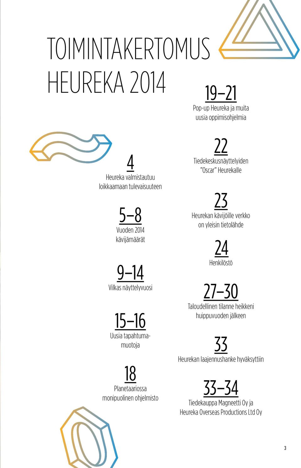 Tiedekeskusnäyttelyiden Oscar Heurekalle 23 Heurekan kävijöille verkko on yleisin tietolähde 24 Henkilöstö 27 30 Taloudellinen tilanne