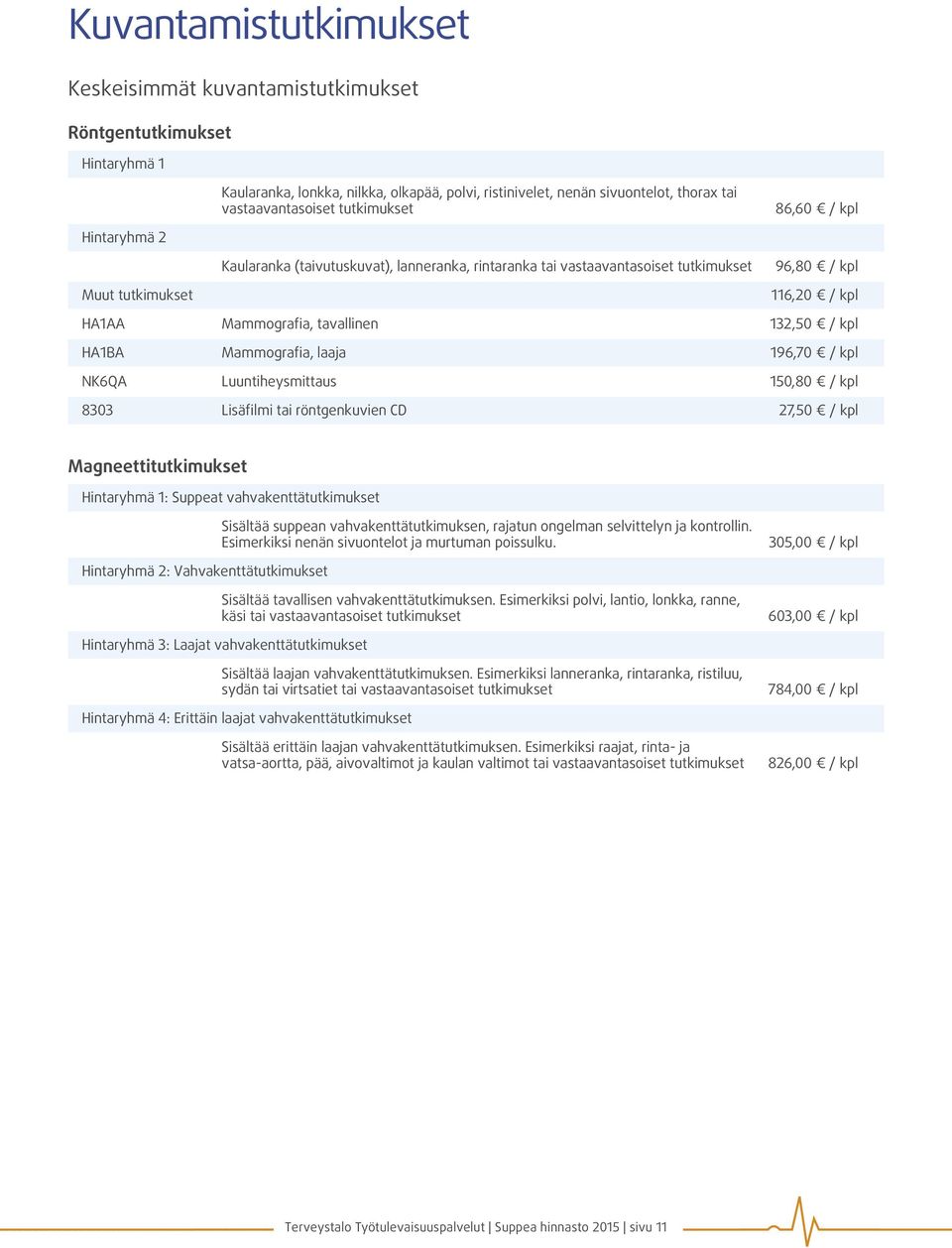 132,50 / kpl HA1BA Mammografia, laaja 196,70 / kpl NK6QA Luuntiheysmittaus 150,80 / kpl 8303 Lisäfilmi tai röntgenkuvien CD 27,50 / kpl Magneettitutkimukset Hintaryhmä 1: Suppeat