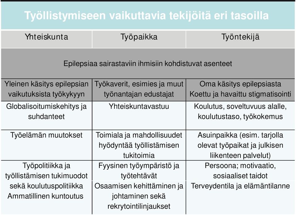 Yhteiskuntavastuu Toimiala ja mahdollisuudet hyödyntää työllistämisen tukitoimia Fyysinen työympäristö ja työtehtävät Osaamisen kehittäminen ja johtaminen sekä rekrytointilinjaukset Oma käsitys