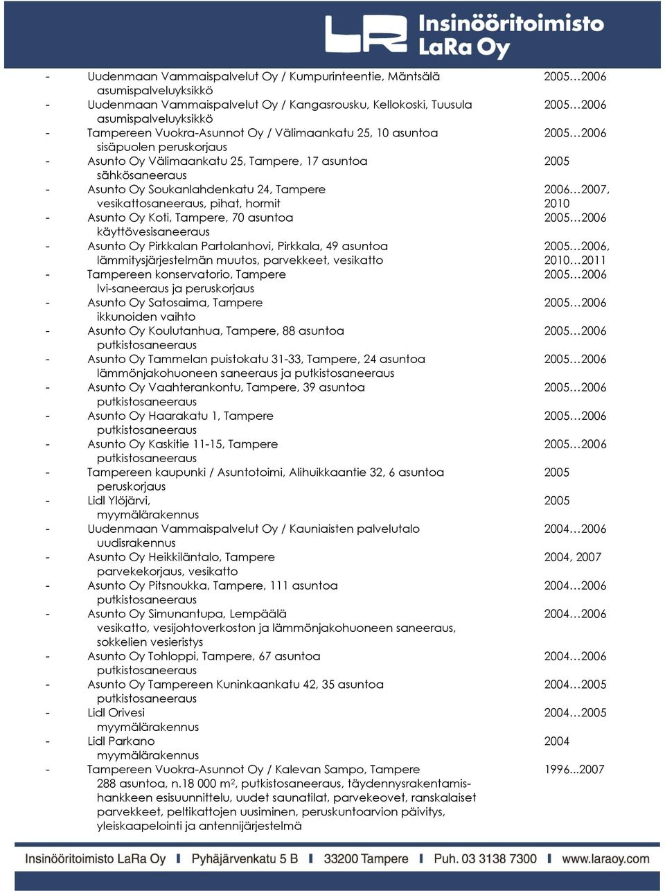 vesikattosaneeraus, pihat, hormit 2010 - Asunto Oy Koti, Tampere, 70 asuntoa 2005 2006 käyttövesisaneeraus - Asunto Oy Pirkkalan Partolanhovi, Pirkkala, 49 asuntoa 2005 2006, lämmitysjärjestelmän