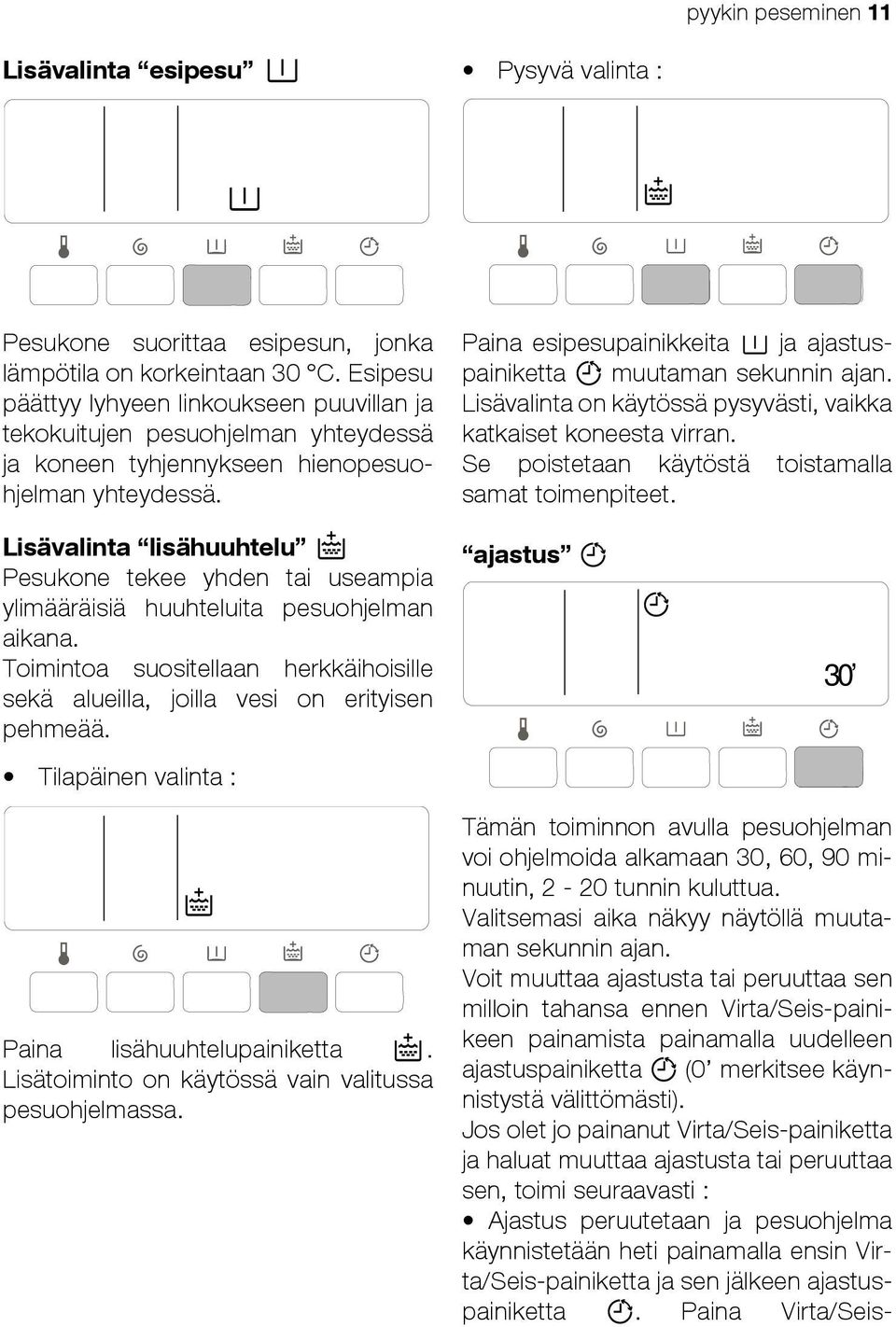 Paina esipesupainikkeita ja ajastuspainiketta muutaman sekunnin ajan. Lisävalinta on käytössä pysyvästi, vaikka katkaiset koneesta virran. Se poistetaan käytöstä toistamalla samat toimenpiteet.