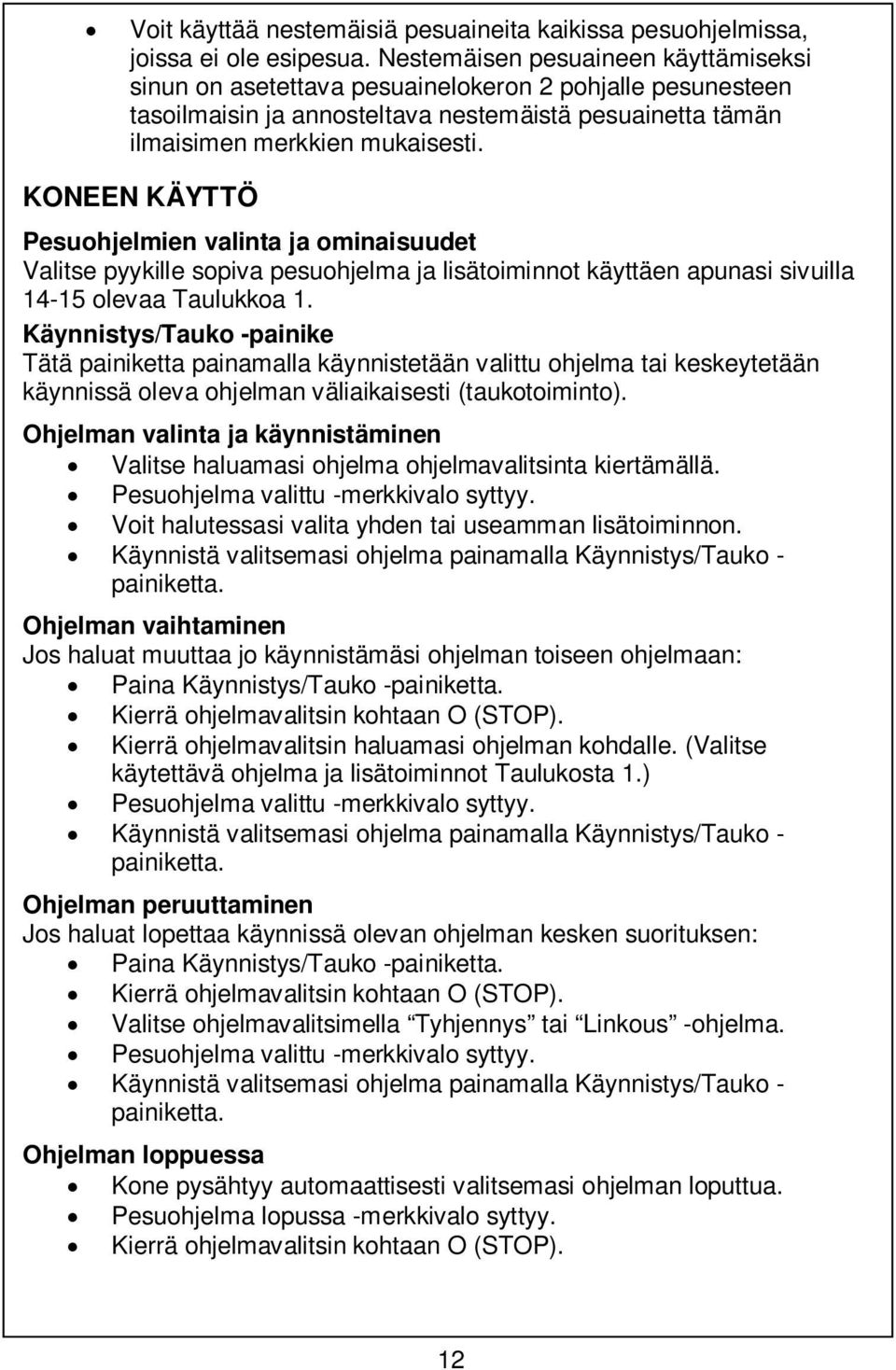 KONEEN KÄYTTÖ Pesuohjelmien valinta ja ominaisuudet Valitse pyykille sopiva pesuohjelma ja lisätoiminnot käyttäen apunasi sivuilla 14-15 olevaa Taulukkoa 1.