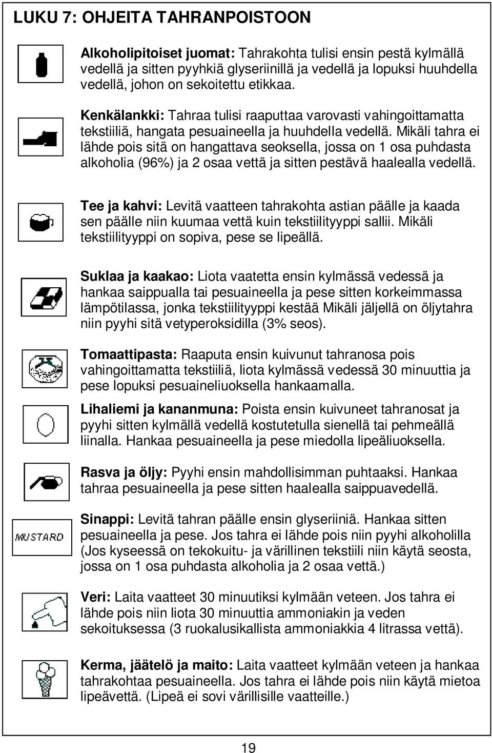 Mikäli tahra ei lähde pois sitä on hangattava seoksella, jossa on 1 osa puhdasta alkoholia (96%) ja 2 osaa vettä ja sitten pestävä haalealla vedellä.
