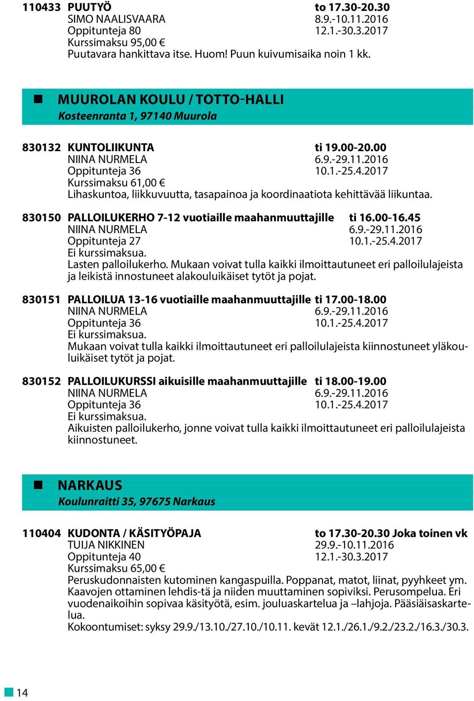 830150 PALLOILUKERHO 7-12 vuotiaille maahanmuuttajille ti 16.00-16.45 NIINA NURMELA 6.9.-29.11.2016 Oppitunteja 27 10.1.-25.4.2017 Ei kurssimaksua. Lasten palloilukerho.