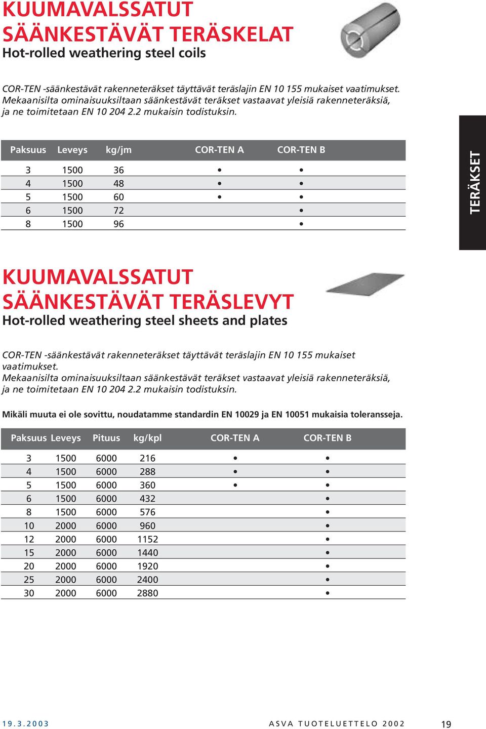 Paksuus Leveys kg/jm COR-TEN A COR-TEN B 3 1500 36 4 1500 48 5 1500 60 6 1500 72 8 1500 96 KUUMAVALSSATUT SÄÄNKESTÄVÄT TERÄSLEVYT Hot-rolled weathering steel sheets and plates COR-TEN -säänkestävät