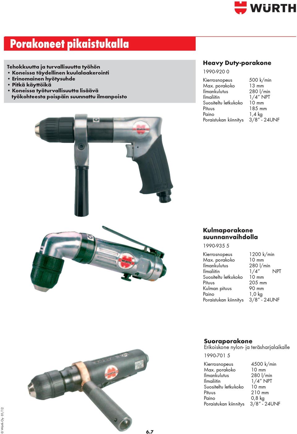 porakoko 13 mm Ilmankulutus 280 l/min Ilmaliitin 1/4 NPT Suositeltu letkukoko 10 mm 185 mm 1,4 kg Poraistukan kiinnitys 3/8-24UNF Kulmaporakone suunnanvaihdolla 1990-935 5 Kierrosnopeus 1200 k/min