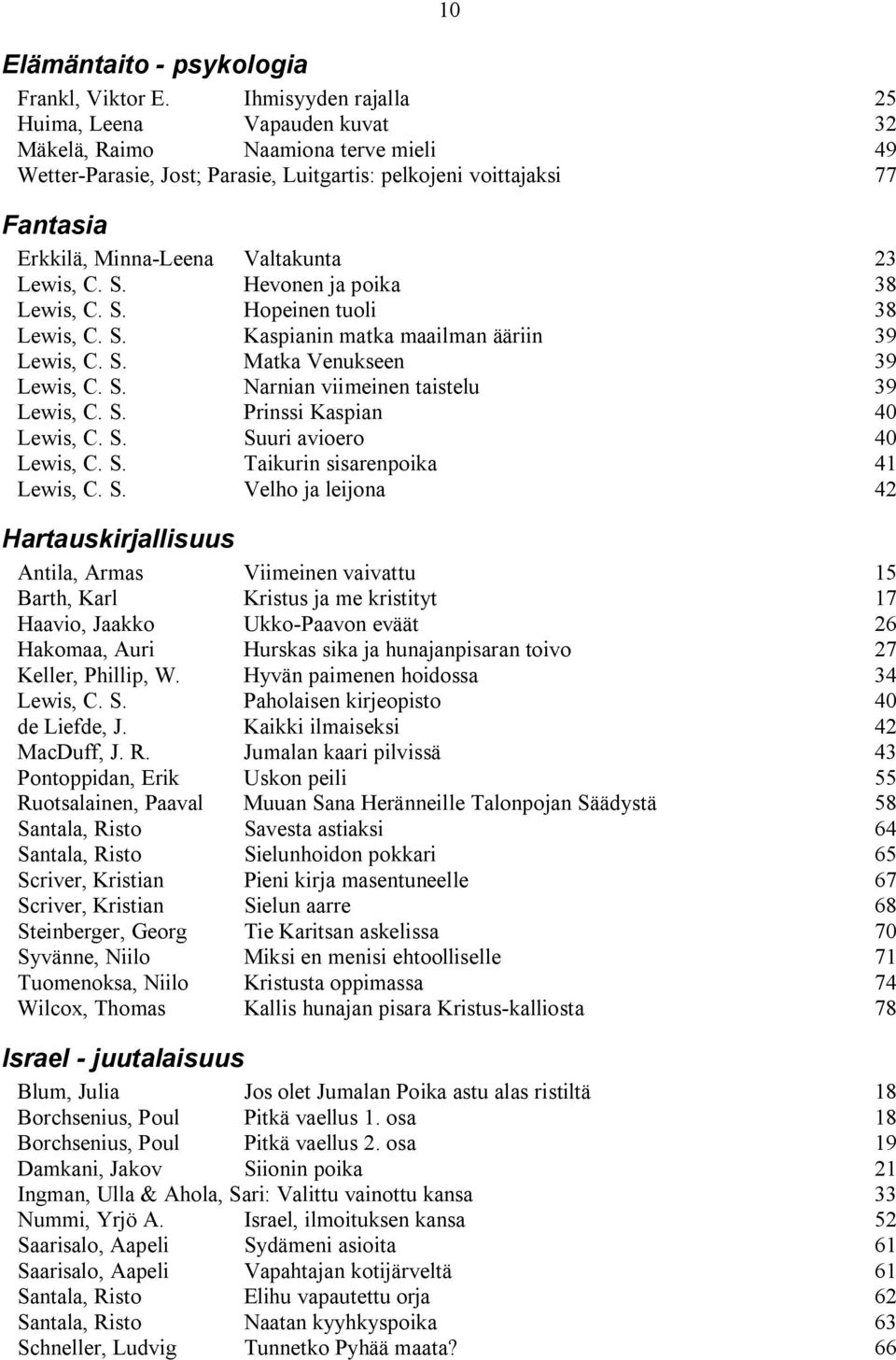 23 Lewis, C. S. Hevonen ja poika 38 Lewis, C. S. Hopeinen tuoli 38 Lewis, C. S. Kaspianin matka maailman ääriin 39 Lewis, C. S. Matka Venukseen 39 Lewis, C. S. Narnian viimeinen taistelu 39 Lewis, C.