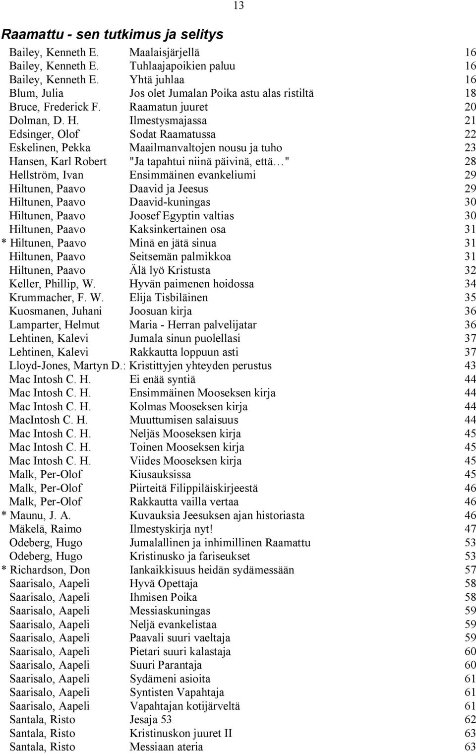 Ilmestysmajassa 21 Edsinger, Olof Sodat Raamatussa 22 Eskelinen, Pekka Maailmanvaltojen nousu ja tuho 23 Hansen, Karl Robert "Ja tapahtui niinä päivinä, että " 28 Hellström, Ivan Ensimmäinen