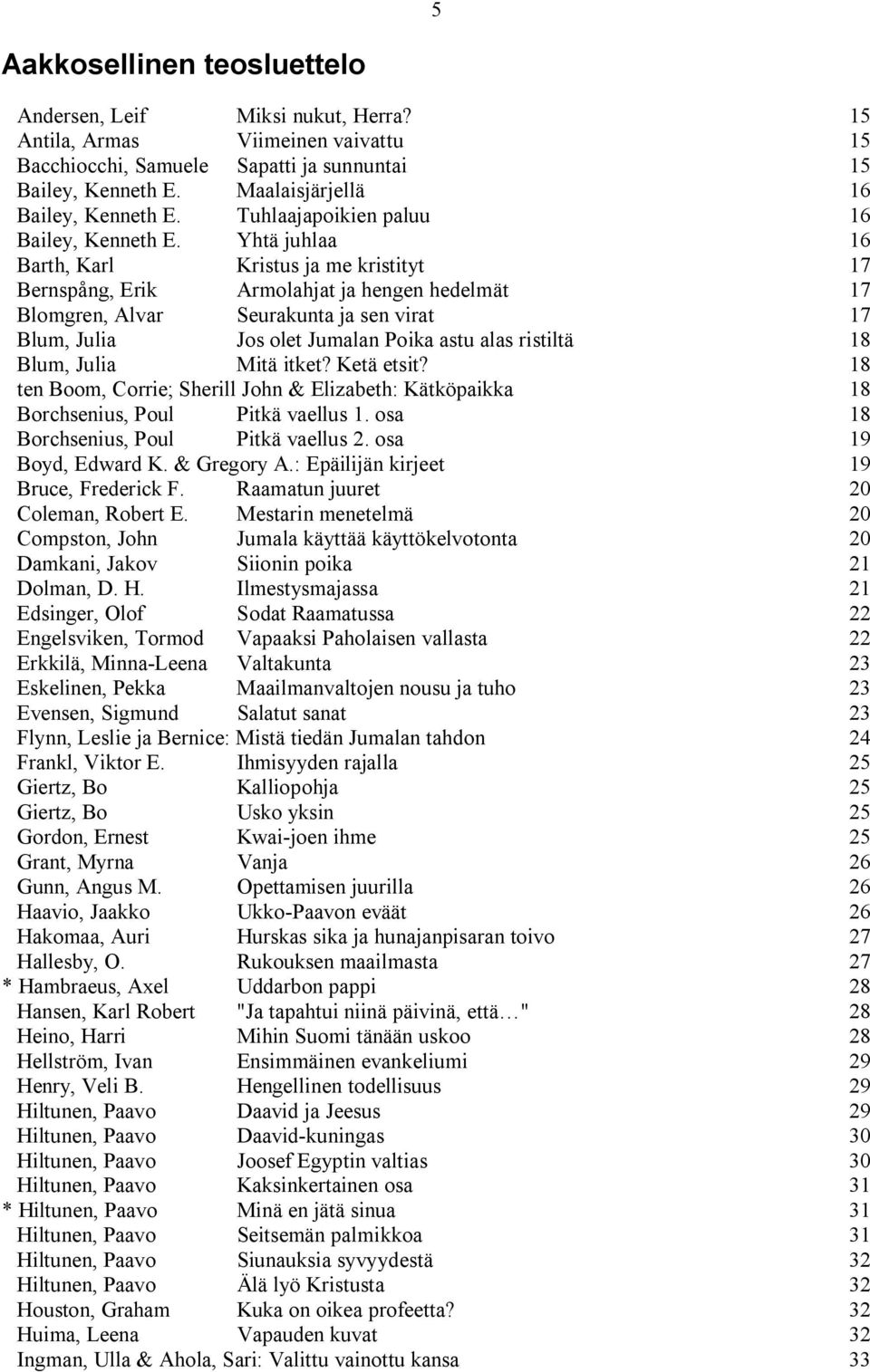 Yhtä juhlaa 16 Barth, Karl Kristus ja me kristityt 17 Bernspång, Erik Armolahjat ja hengen hedelmät 17 Blomgren, Alvar Seurakunta ja sen virat 17 Blum, Julia Jos olet Jumalan Poika astu alas ristiltä