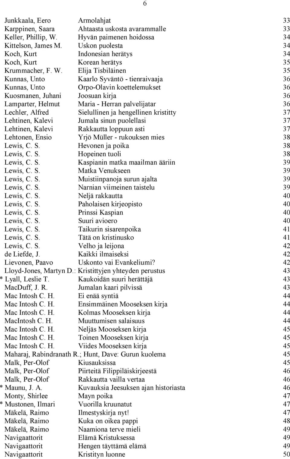 Elija Tisbiläinen 35 Kunnas, Unto Kaarlo Syväntö - tienraivaaja 36 Kunnas, Unto Orpo-Olavin koettelemukset 36 Kuosmanen, Juhani Joosuan kirja 36 Lamparter, Helmut Maria - Herran palvelijatar 36