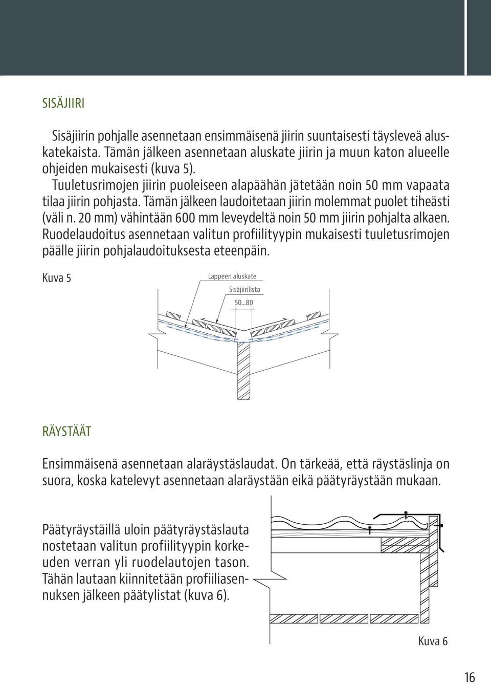 20 mm) vähintään 600 mm leveydeltä noin 50 mm jiirin pohjalta alkaen. Ruodelaudoitus asennetaan valitun profiilityypin mukaisesti tuuletusrimojen päälle jiirin pohjalaudoituksesta eteenpäin.