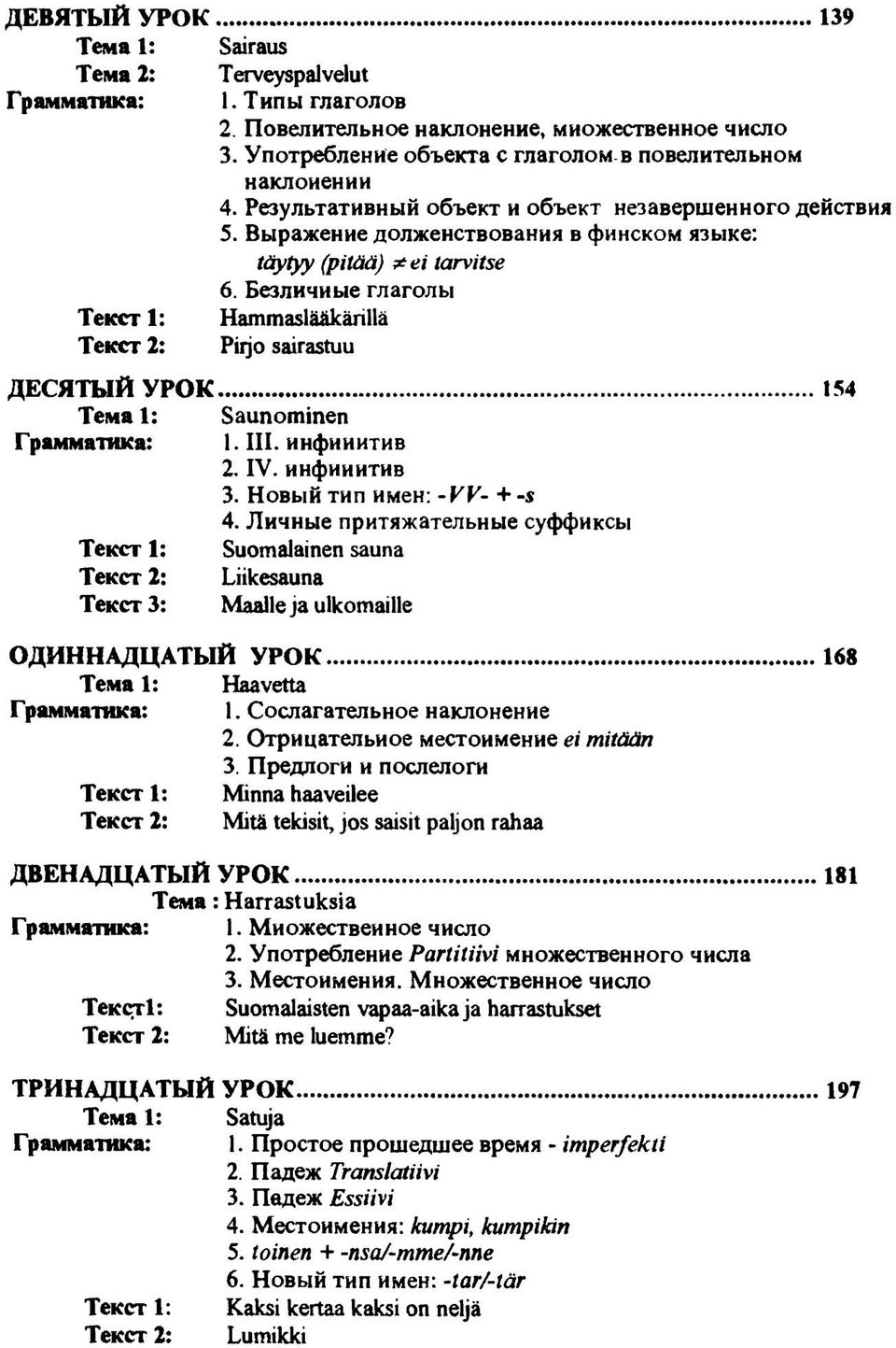 Безличные глаголы Текст 1: Hammaslääkärillä Текст 2: Piijo sairastuu ДЕСЯТЫЙ УРОК...154 Тема 1: Г рамматика: Текст 1: Текст 2: Текст 3: Saunominen 1. III. инфинитив 2. IV. инфинитив 3.