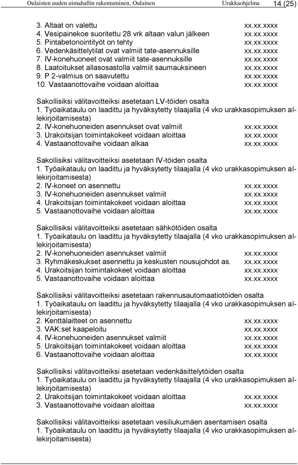 Laatoitukset allasosastolla valmiit saumauksineen xx.xx.xxxx 9. P 2-valmius on saavutettu xx.xx.xxxx 10. Vastaanottovaihe voidaan aloittaa xx.xx.xxxx Sakollisiksi välitavoitteiksi asetetaan LV-töiden osalta 1.