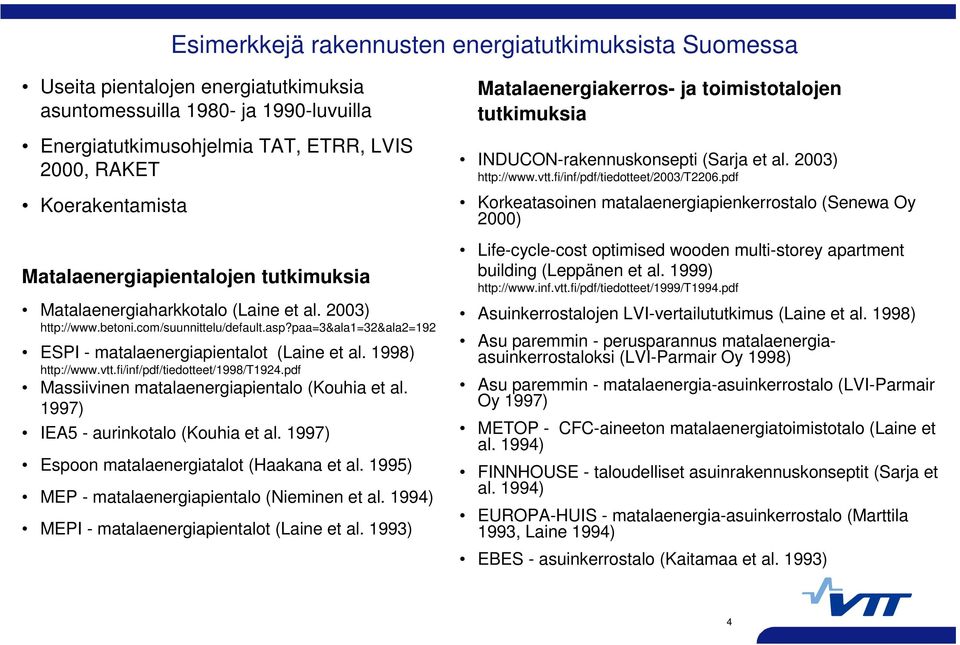 1998) http://www.vtt.fi/inf/pdf/tiedotteet/1998/t1924.pdf Massiivinen matalaenergiapientalo (Kouhia et al. 1997) IEA5 - aurinkotalo (Kouhia et al. 1997) Espoon matalaenergiatalot (Haakana et al.