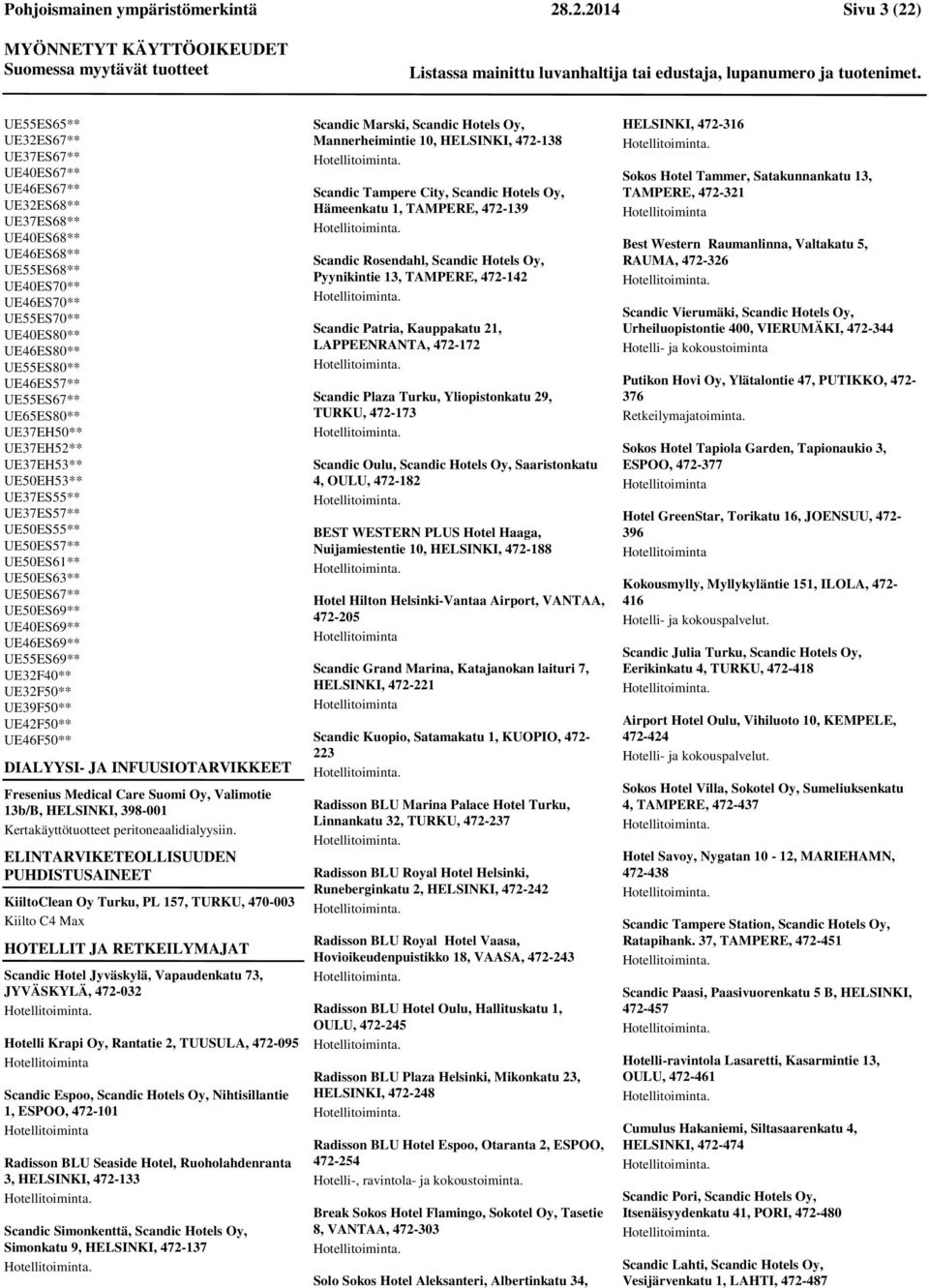 UE32F50** UE39F50** UE42F50** UE46F50** DIALYYSI- JA INFUUSIOTARVIKKEET Fresenius Medical Care Suomi Oy, Valimotie 13b/B, HELSINKI, 398-001 Kertakäyttötuotteet peritoneaalidialyysiin.