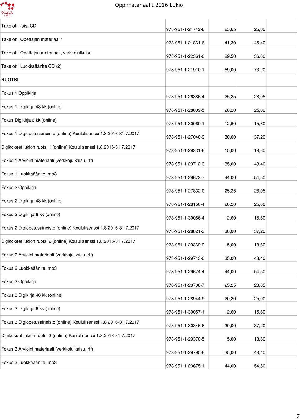 Fokus Digikirja 6 kk (online) Fokus 1 Digiopetusaineisto (online) Koululisenssi 1.8.2016-31.7.