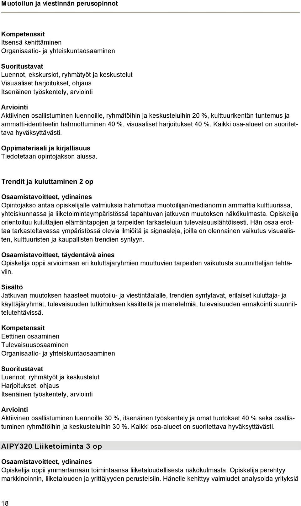 Kaikki osa-alueet on suoritettava hyväksyttävästi. Oppimateriaali ja kirjallisuus Tiedotetaan opintojakson alussa.