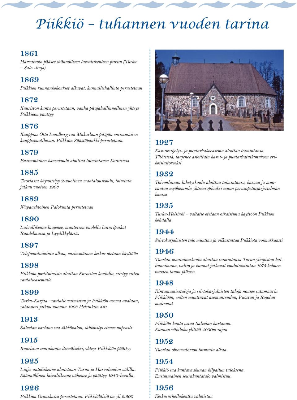 1879 Ensimmäinen kansakoulu aloittaa toimintansa Koroisissa 1885 Tuorlassa käynnistyy 2-vuotinen maatalouskoulu, toiminta jatkuu vuoteen 1908 1889 Wapaaehtoinen Palokunta perustetaan 1890