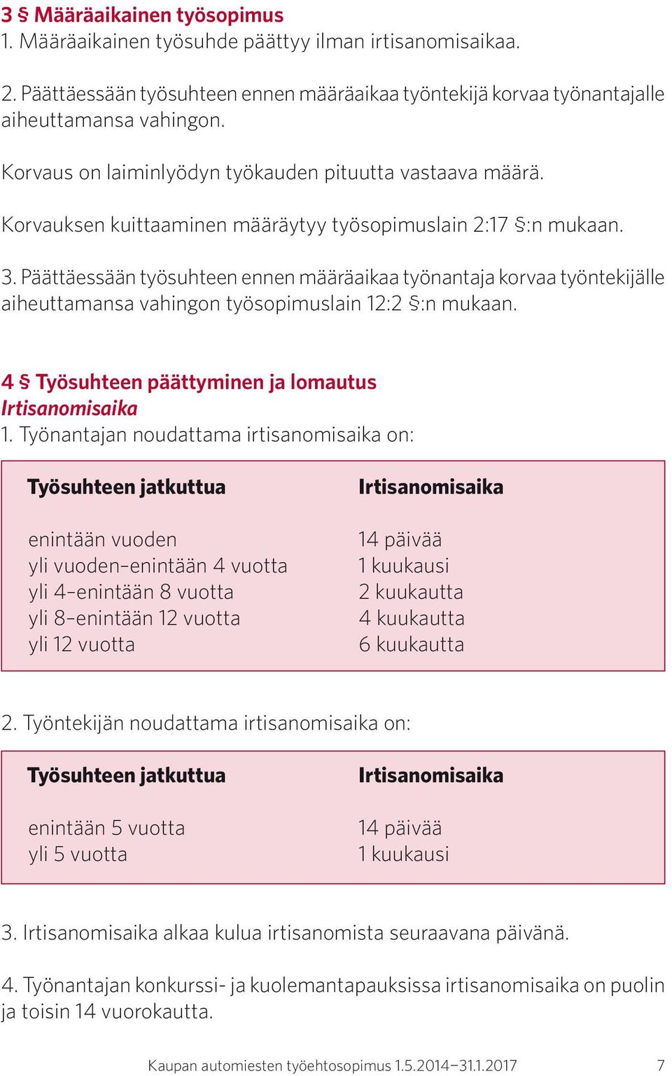 Päättäessään työsuhteen ennen määräaikaa työnantaja korvaa työntekijälle aiheuttamansa vahingon työsopimuslain 12:2 :n mukaan. 4 Työsuhteen päättyminen ja lomautus Irtisanomisaika 1.