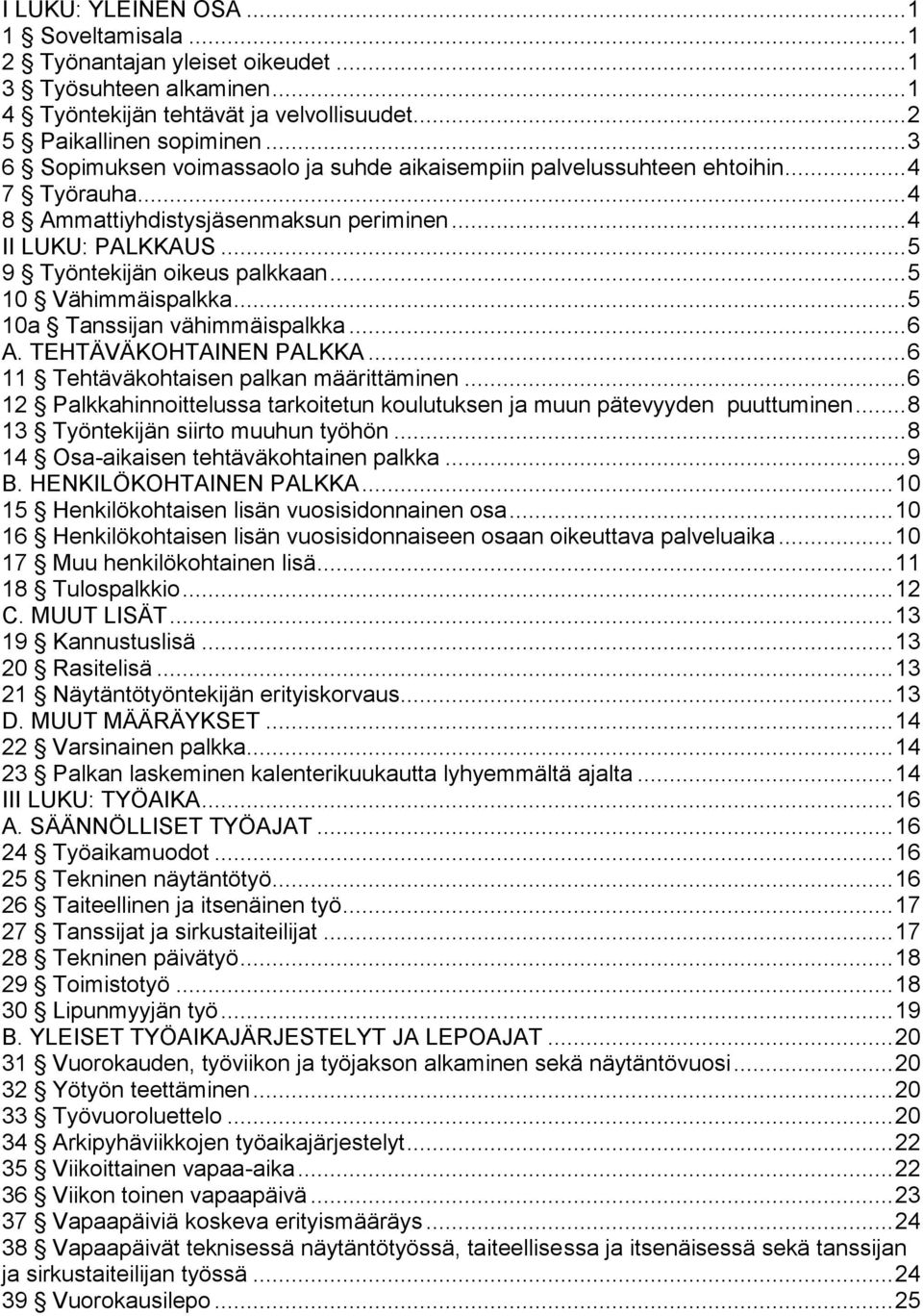 .. 5 10 Vähimmäispalkka... 5 10a Tanssijan vähimmäispalkka... 6 A. TEHTÄVÄKOHTAINEN PALKKA... 6 11 Tehtäväkohtaisen palkan määrittäminen.