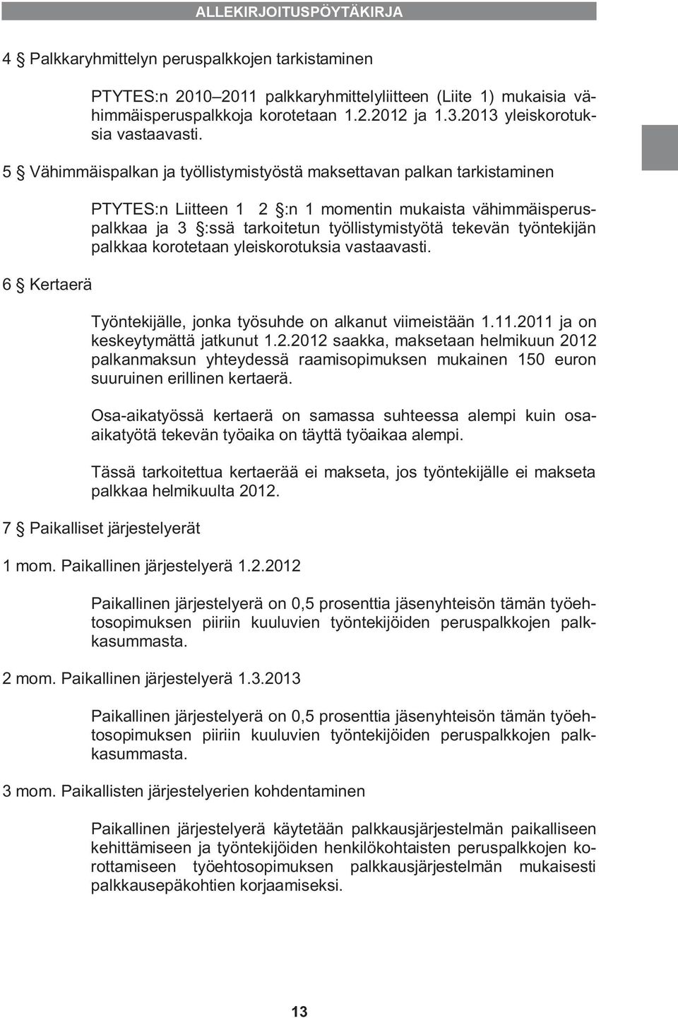 5 Vähimmäispalkan ja työllistymistyöstä maksettavan palkan tarkistaminen 6 Kertaerä PTYTES:n Liitteen 1 2 :n 1 momentin mukaista vähimmäisperuspalkkaa ja 3 :ssä tarkoitetun työllistymistyötä tekevän