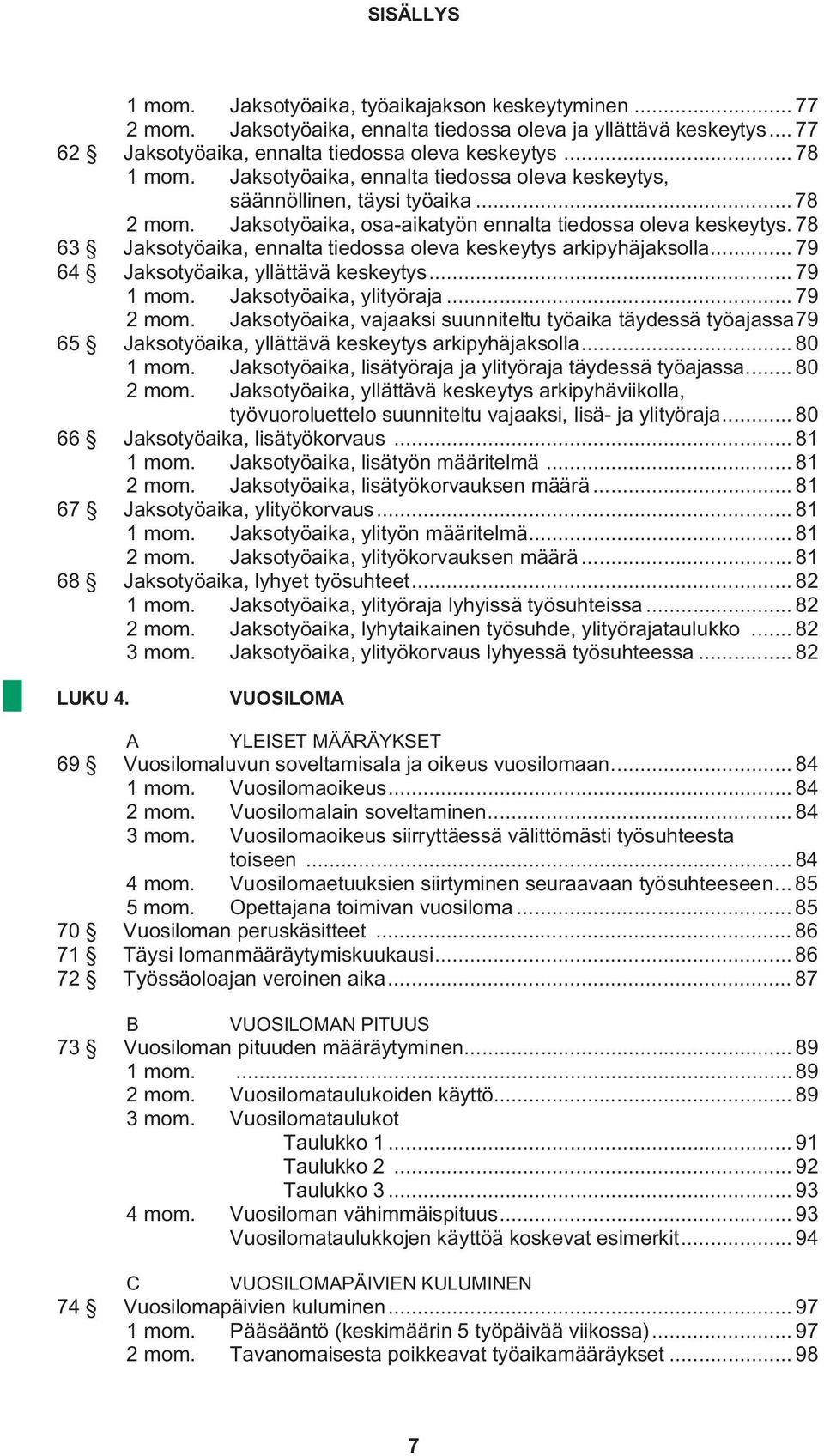 78 63 Jaksotyöaika, ennalta tiedossa oleva keskeytys arkipyhäjaksolla... 79 64 Jaksotyöaika, yllättävä keskeytys... 79 1 mom. Jaksotyöaika, ylityöraja... 79 2 mom.