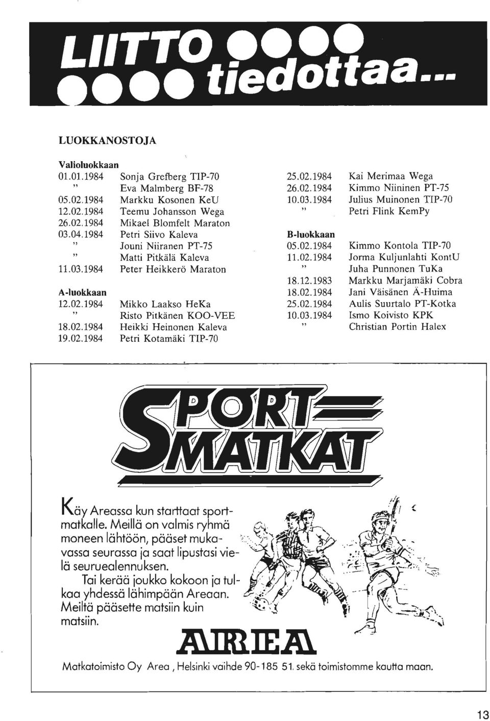 1984 18.02.1984 19.02.1984 Mikko Laakso HeKa Risto Pitkanen KOO-VEE Heikki Heinonen Kaleva Petri Kotamaki TIP-70 25.02.1984 Kai Merimaa Wega 26.02.1984 Kimmo Niininen PT-75 10.03.