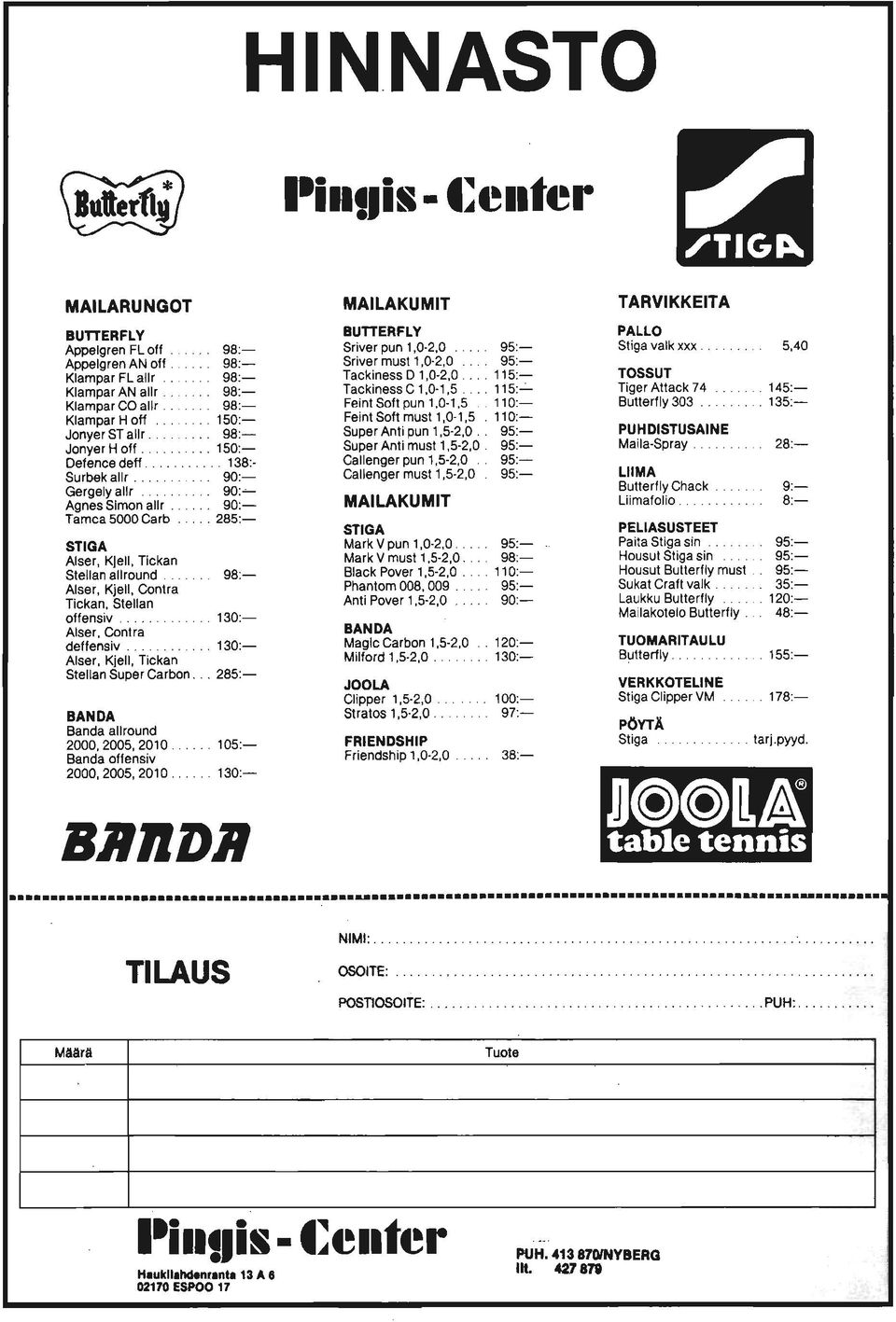 .. STIGA Alser, Kjell, Tickan Stellan allround Alser, Kjell, Contra Tickan, Stellan offensiv Alser, Contra deffensiv Alser, Kjell, Tickan Stellan Super Carbon. BANDA Banda allround 2000,2005,2010.