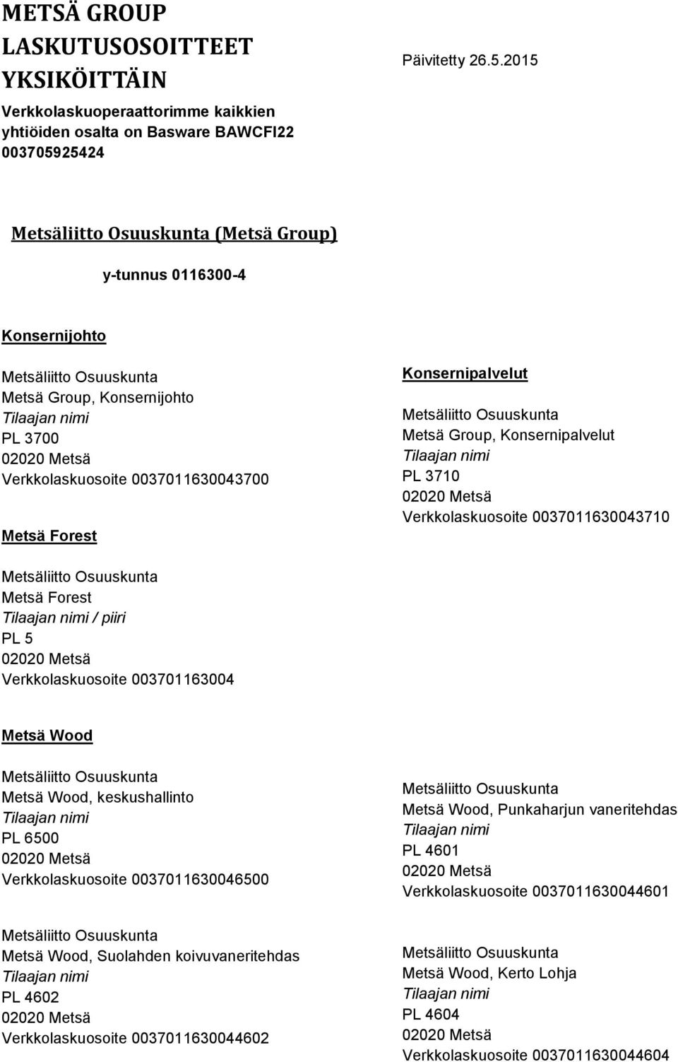 Group, Konsernipalvelut PL 3710 Verkkolaskuosoite 0037011630043710 Metsä Forest / piiri PL 5 Verkkolaskuosoite 003701163004 Metsä Wood Metsä Wood, keskushallinto PL 6500