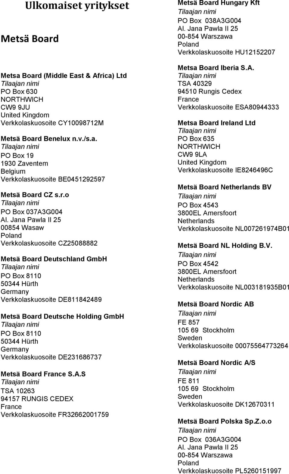 Hürth Verkkolaskuosoite DE231686737 Metsä Board France S.A.