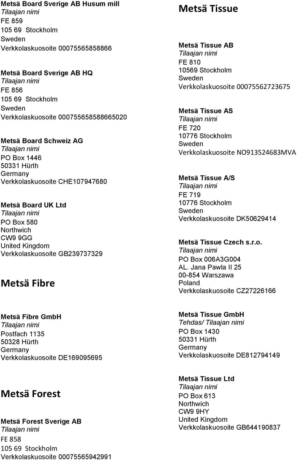 00075562723675 Metsä Tissue AS FE 720 10776 Stockholm Verkkolaskuosoite NO913524683MVA Metsä Tissue A/S FE 719 10776 Stockholm Verkkolaskuosoite DK50629414 Metsä Tissue Czech s.r.o. PO Box 006A3G004 AL.