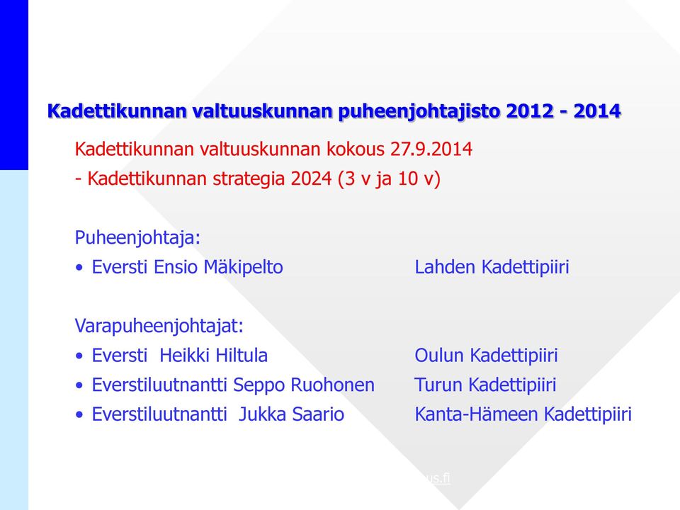 Lahden Kadettipiiri Varapuheenjohtajat: Eversti Heikki Hiltula Everstiluutnantti Seppo