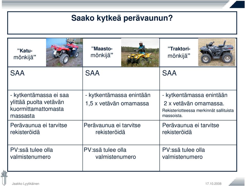 kytkentämassa enintään 1,5 x vetävän omamassa Perävaunua ei tarvitse rekisteröidä - kytkentämassa enintään 2 x