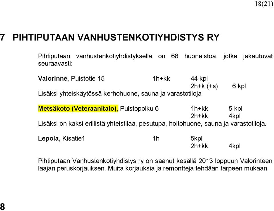 5 kpl 2h+kk 4kpl Lisäksi on kaksi erillistä yhteistilaa, pesutupa, hoitohuone, sauna ja varastotiloja.