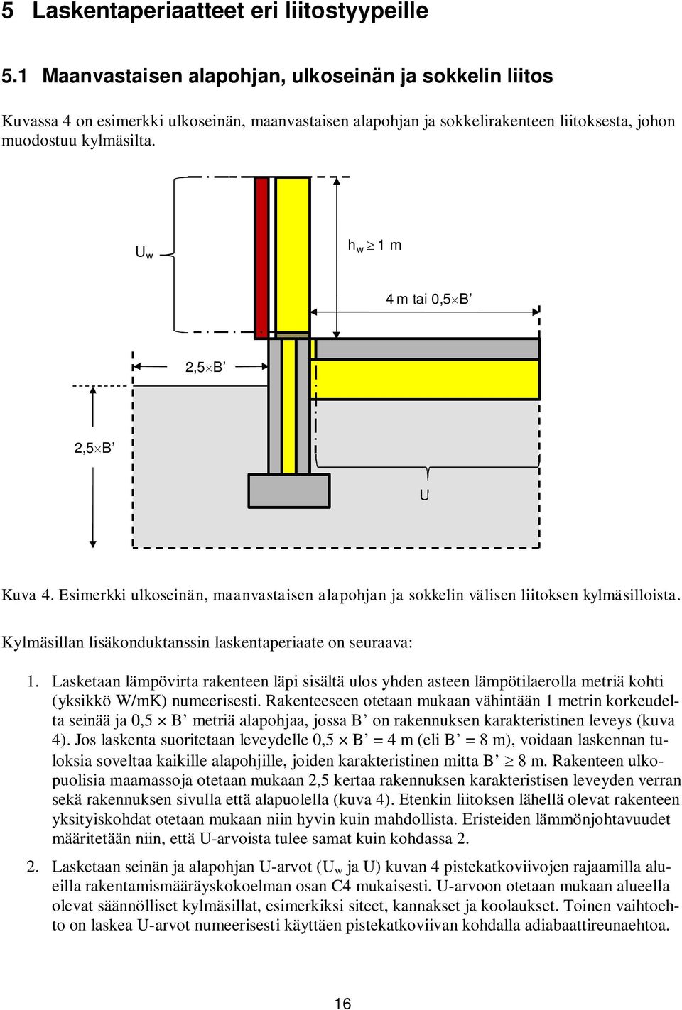 U w h w 1 m 4 m tai 0,5B 2,5B 2,5B U g Kuva 4. Esimerkki ulkoseinän, maanvastaisen alapohjan ja sokkelin välisen liitoksen kylmäsilloista.