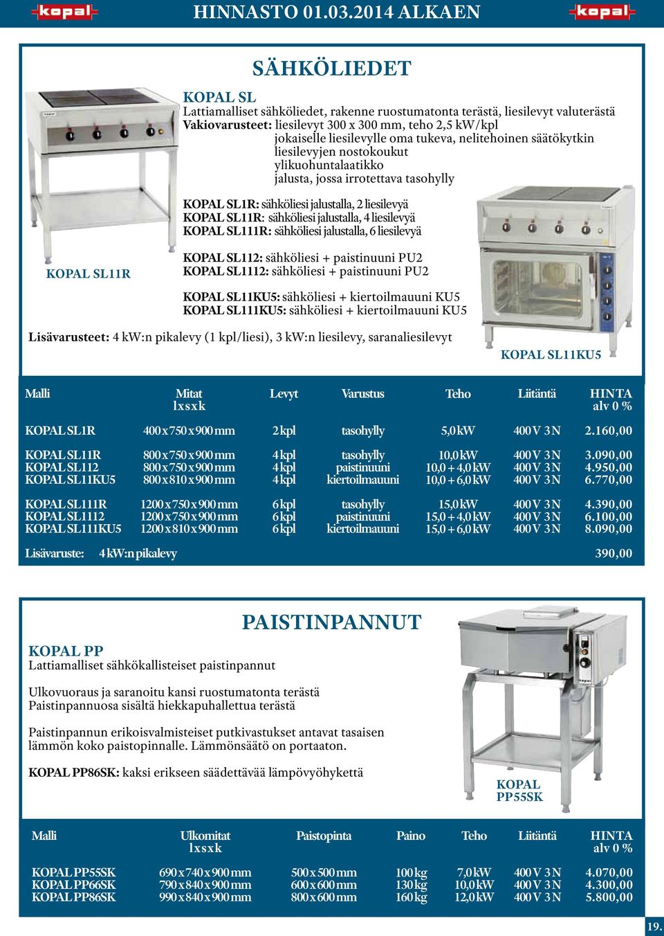 liesilevyä SL11R SL112: sähköliesi + paistinuuni PU2 SL1112: sähköliesi + paistinuuni PU2 SL11KU5: sähköliesi + kiertoilmauuni KU5 SL111KU5: sähköliesi + kiertoilmauuni KU5 Lisävarusteet: 4 kw:n