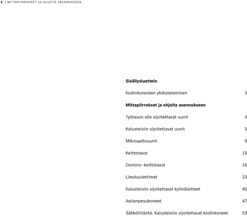 sijoitettavat uunit 5 Mikroaaltouunit 9 Keittotasot 15 Domino -keittotasot 16 Liesituulettimet 23