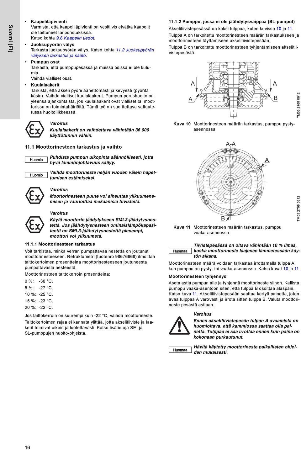 Vaihda vialliset osat. Kuulalaakerit Tarkista, että akseli pyörii äänettömästi ja kevyesti (pyöritä käsin). Vaihda vialliset kuulalaakerit.