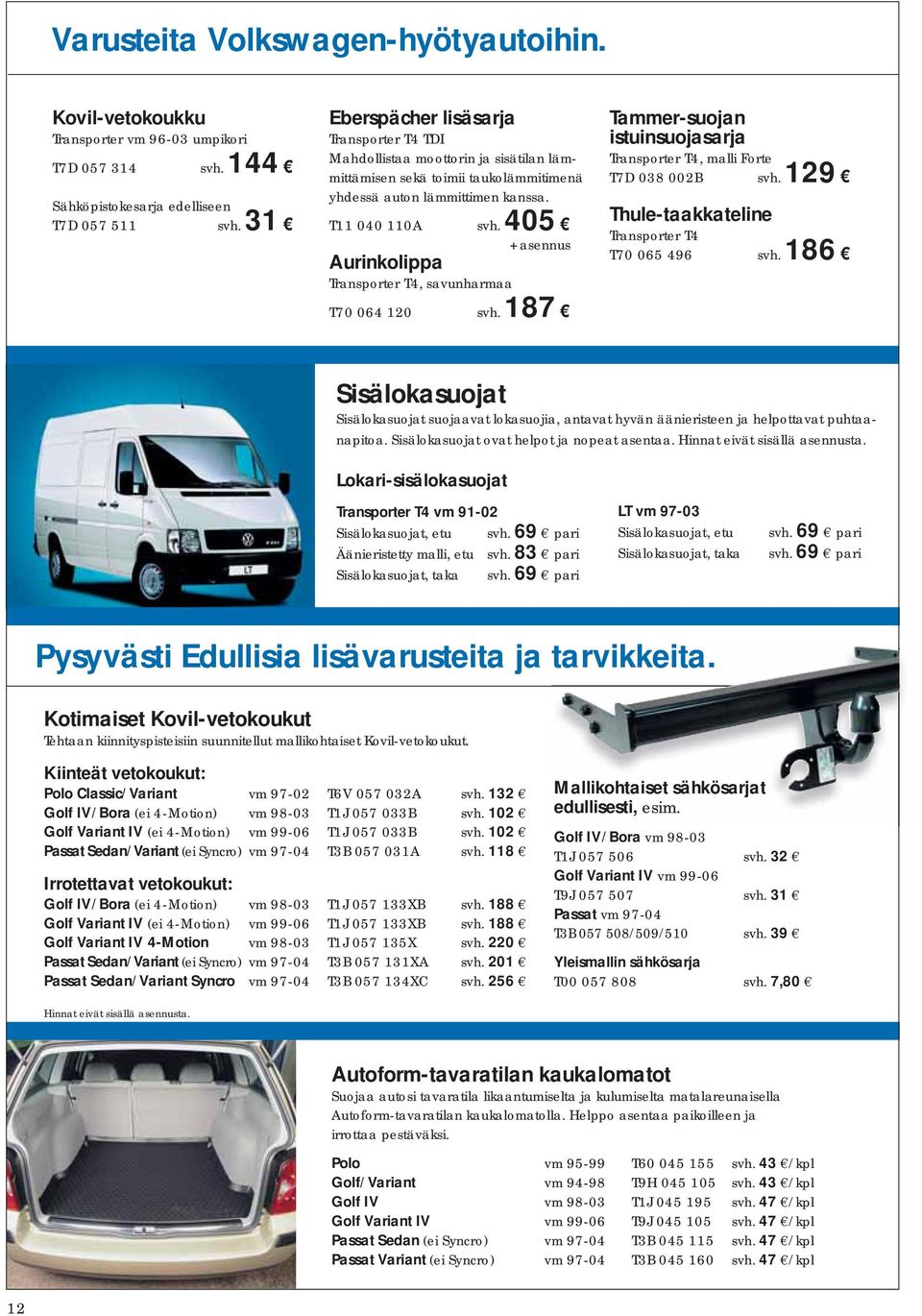 405 +asennus Aurinkolippa Transporter T4, savunharmaa T70 064 120 svh. 187 Tammer-suojan istuinsuojasarja Transporter T4, malli Forte T7D 038 002B svh.