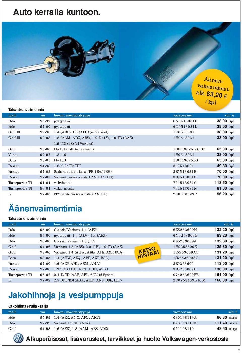 9 D (1Y), 1.9 TD (AAZ), 1H0513031 38,00 kpl 1.9 TDI (1Z) (ei Variant) Golf 98-06 PR-1JA/1JD (ei Variant) 1J0513025BG/BF 65,00 kpl Vento 92-97 1.8-1.