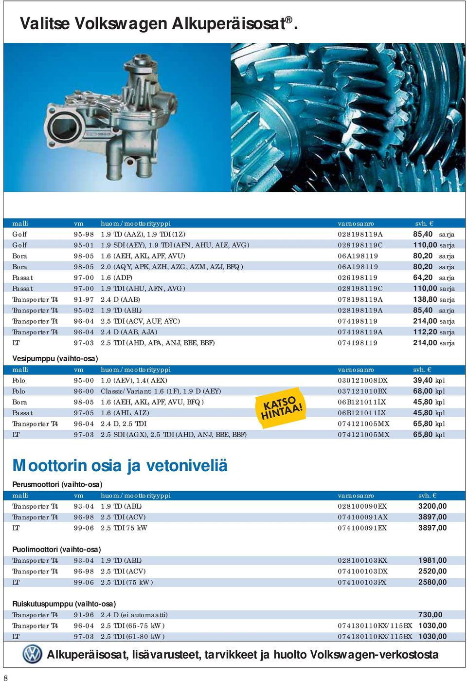 9 TDI (AHU, AFN, AVG) 028198119C 110,00 sarja Transporter T4 91-97 2.4 D (AAB) 078198119A 138,80 sarja Transporter T4 95-02 1.9 TD (ABL) 028198119A 85,40 sarja Transporter T4 96-04 2.