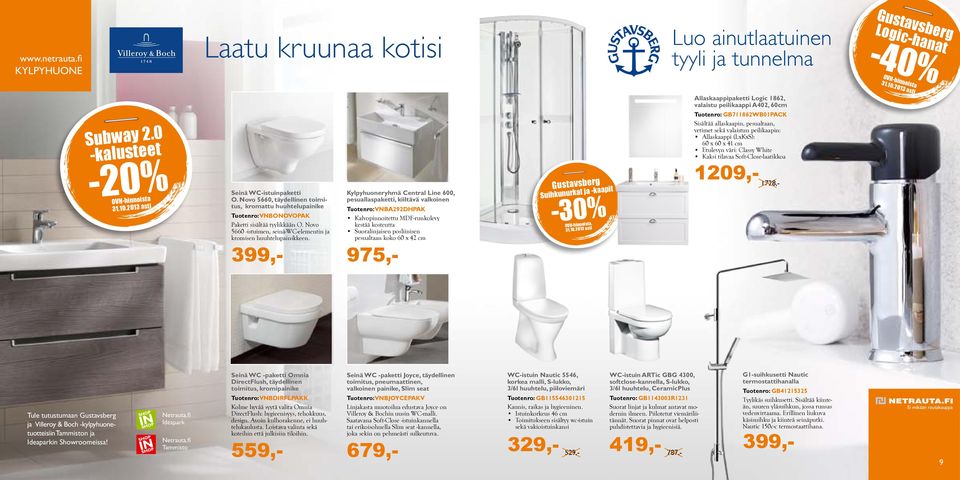 Novo 5660 -istuimen, seinä-wc-elementin ja kromisen huuhtelupainikkeen.