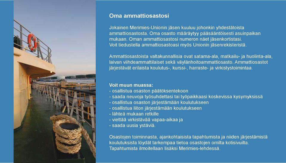 Ammattiosastoista valtakunnallisia ovat satama-ala, matkailu- ja huolinta-ala, laivan viihdeammattilaiset sekä väylänhoitoammattiosasto.