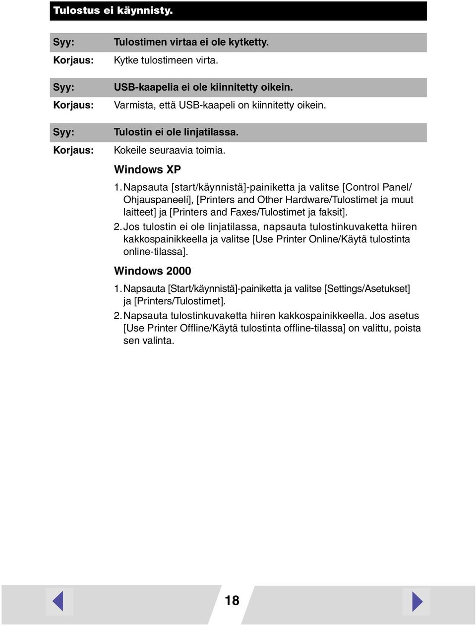 Napsauta [start/käynnistä]-painiketta ja valitse [Control Panel/ Ohjauspaneeli], [Printers and Other Hardware/Tulostimet ja muut laitteet] ja [Printers and Faxes/Tulostimet ja faksit]. 2.