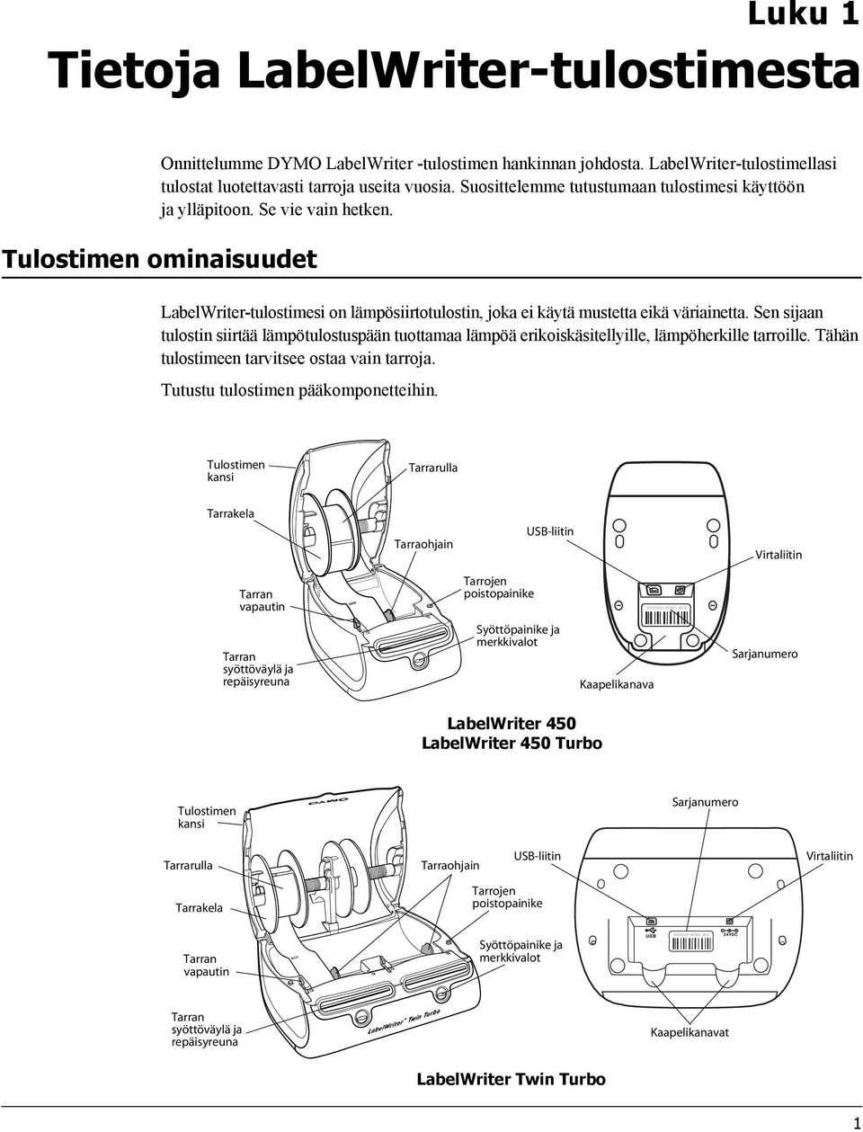 Sen sijaan tulostin siirtää lämpötulostuspään tuottamaa lämpöä erikoiskäsitellyille, lämpöherkille tarroille. Tähän tulostimeen tarvitsee ostaa vain tarroja. Tutustu tulostimen pääkomponetteihin.